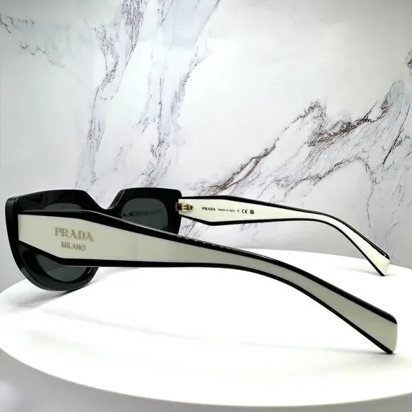 New PRADA Sunglasses Black White Talc Gold Symbole Oval Cat Eye Womens - Picture 16 of 16